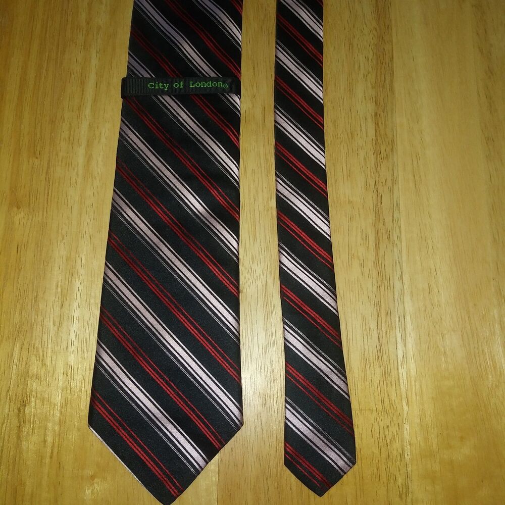 City of London Silk Tie NWT striped black, red and silver 4" X 55.5"